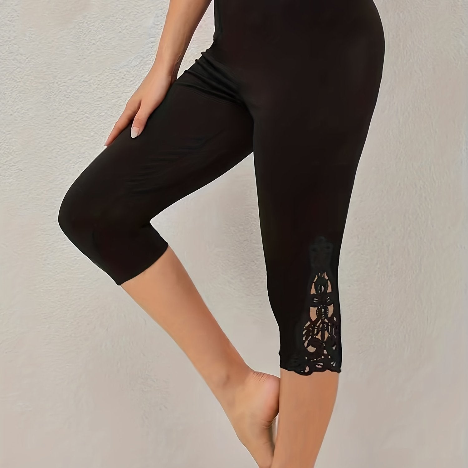 Lace Contrast Skinny Capris Leggings Women's Clothing
