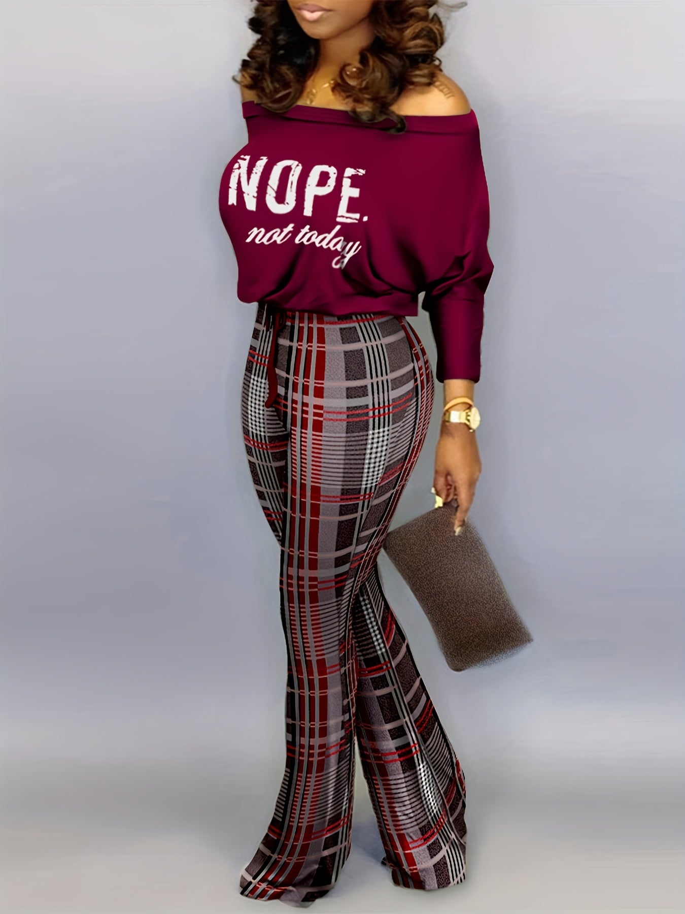 Letter Print Off Shoulder Top & Plaid Print Pants Set