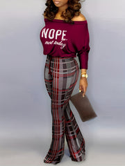 Letter Print Off Shoulder Top & Plaid Print Pants Set