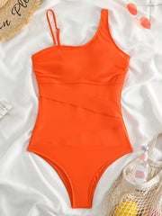 Mesh Asymmetrical Shoulder Strap Swimsuit High Cut One Piece