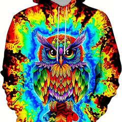 Colorful Owl Print Hoodies For Men Graphic Hoodie Comfy Loose Pullover