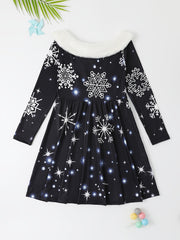 Girls MERRY CHRISTMAS Print Crew Neck Long Sleeve Dress For Christmas Gift
