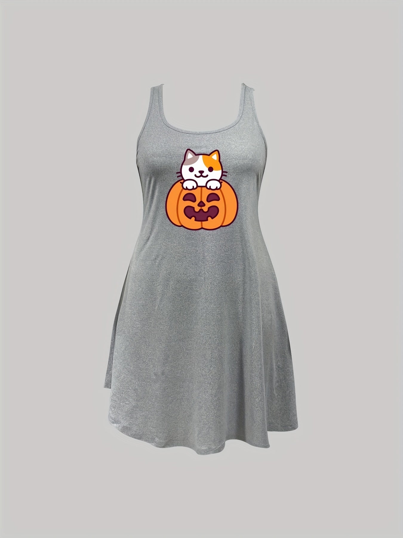 Halloween Nightdress Women's Cat & Pumpkin Print Round Neck