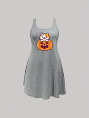Halloween Nightdress Women's Cat & Pumpkin Print Round Neck