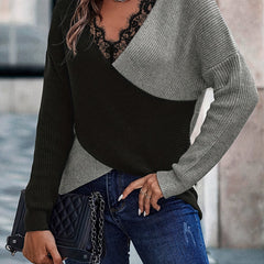 Colorblock Lace V Neck Sweater