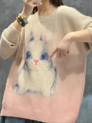 Rabbit Print Long Sleeve Round Neck Jumper