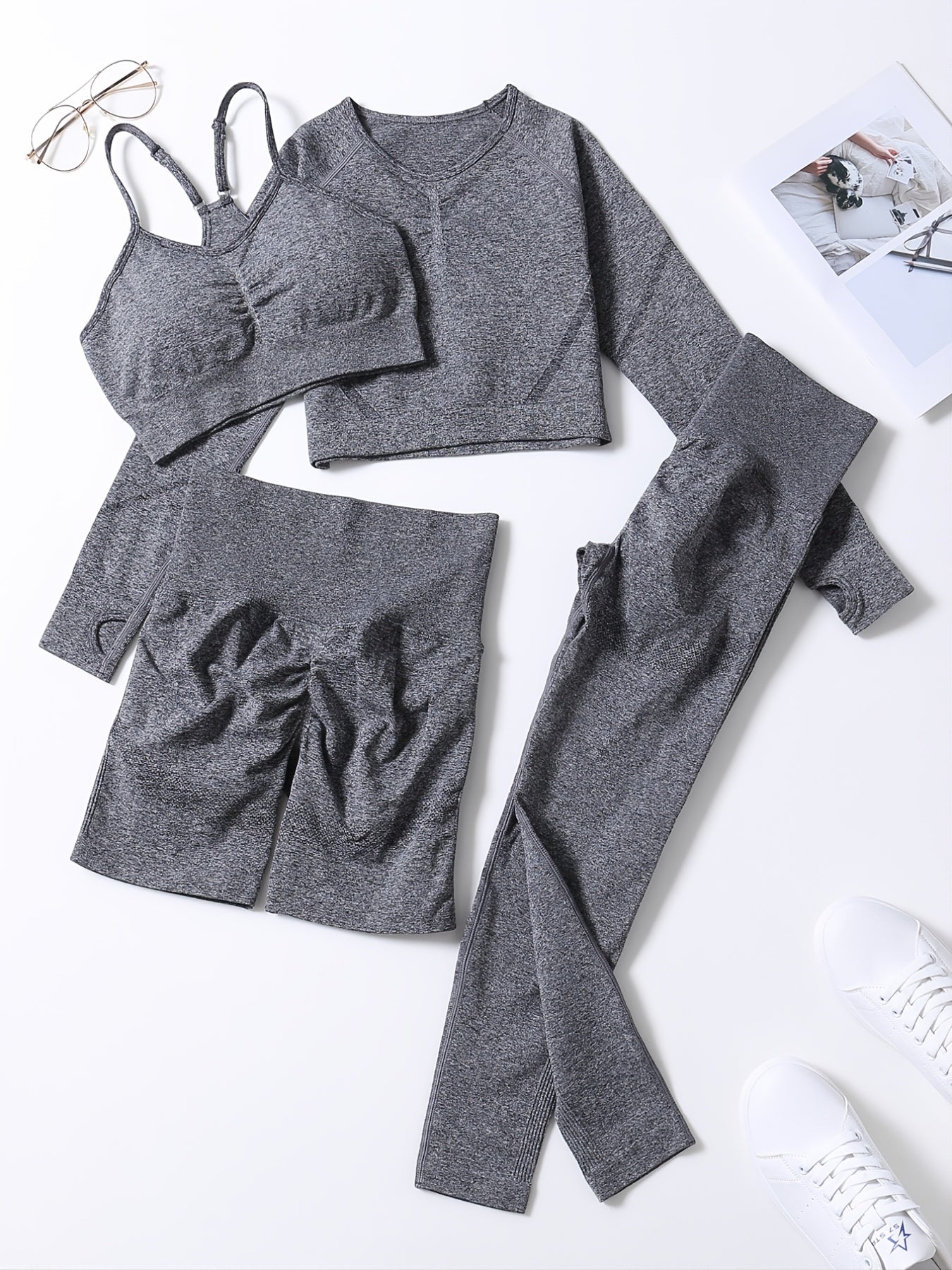 4pcs Women's Yoga Fitness Set Sleeveless Sports Bra Long Sleeve Thumb Hole Shirt