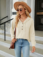 Textured Drawstring Button Front Hoodie for Women