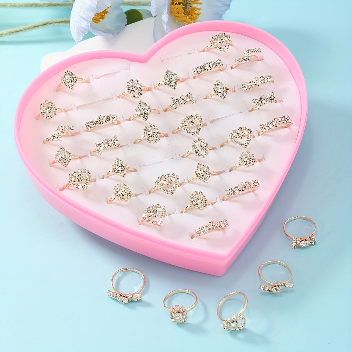 36pcs Girls Rhinestone Rings Set for Kids Gifts