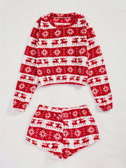 Christmas Plush Pajama Set Crew Neck Long Sleeve Top & Shorts