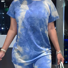 Tie Dye Top & Shorts Set Women's Plus Casual Outfit