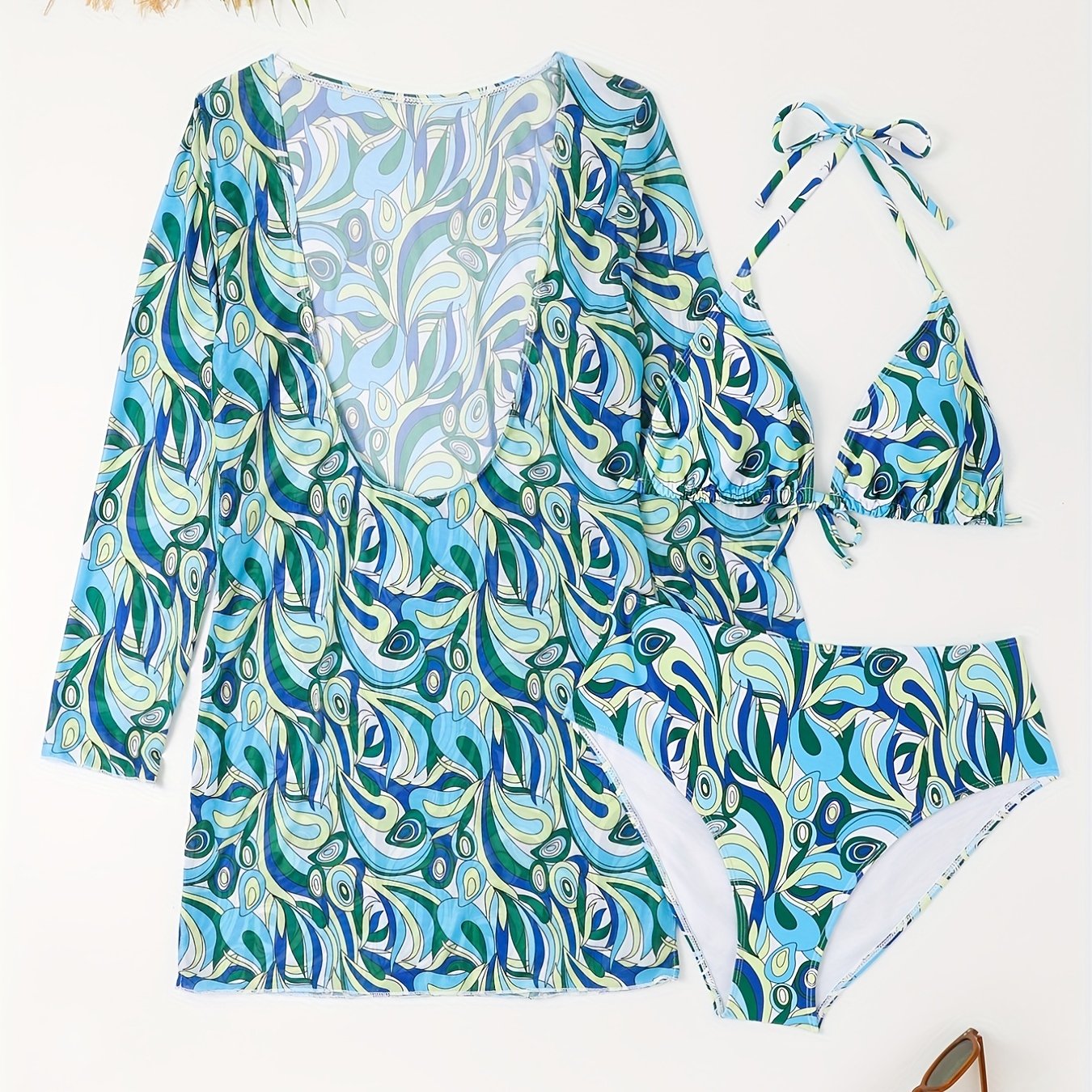 Boho Plus Bikini Set Women's Allover Print Cover Up & Halter Bra & Panty Swimsui