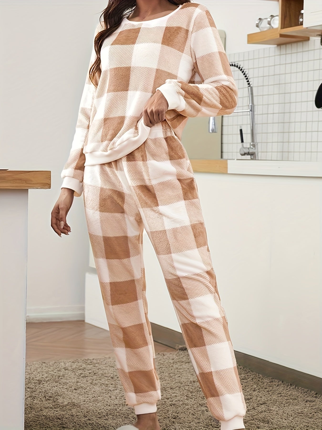 Plaid Fuzzy Lounge Set Long Sleeve Crew Neck Top & Pants