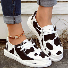 Cow Pattern Low Top Boat Shoes Lace Up Slip On Casual Canvas Shoes