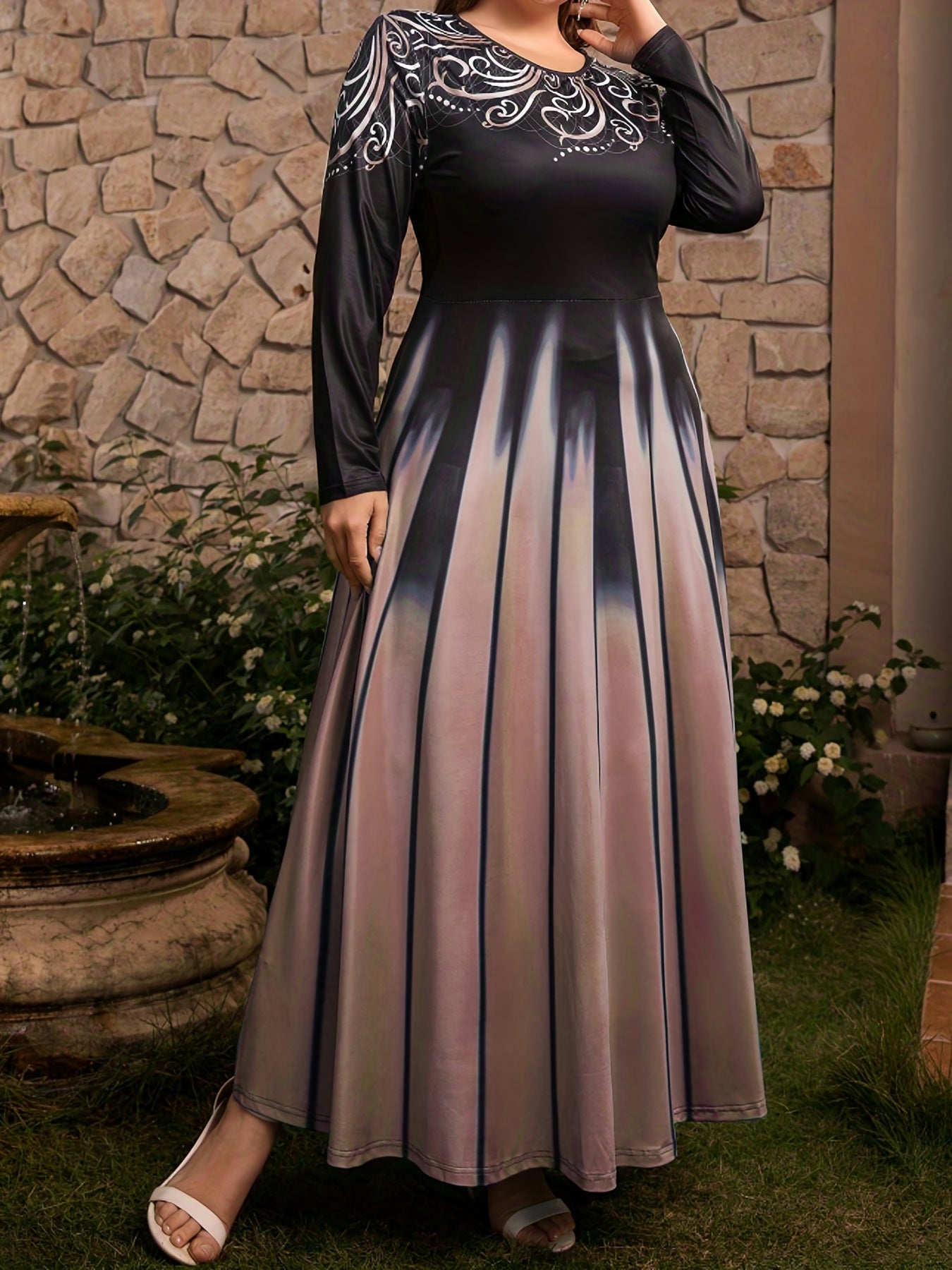 Romantic Abaya Dress Women's Plus Graphic Print Long Sleeve