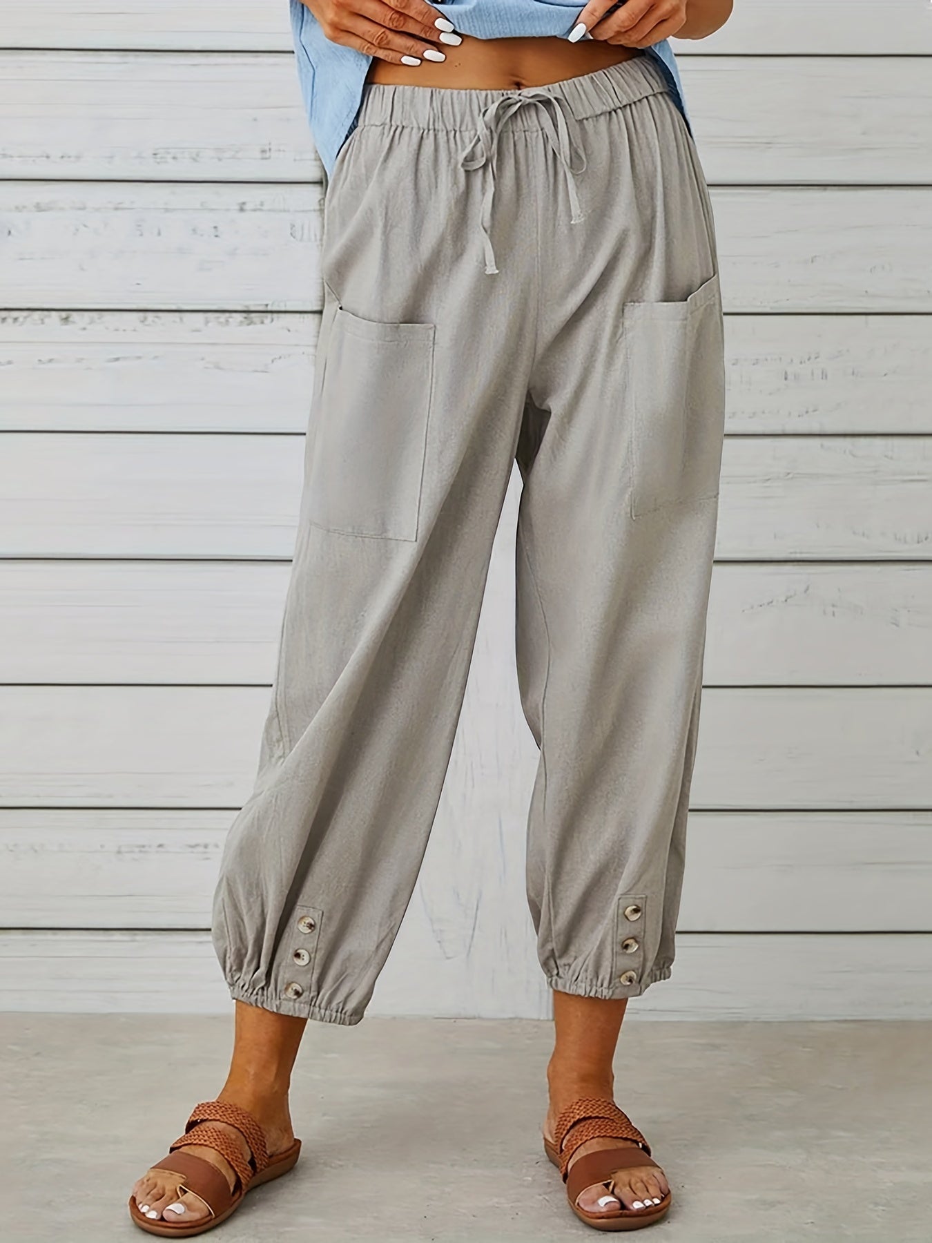 Patched Pockets Button Front Crop Pants Casual Loose Pants
