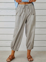 Patched Pockets Button Front Crop Pants Casual Loose Pants