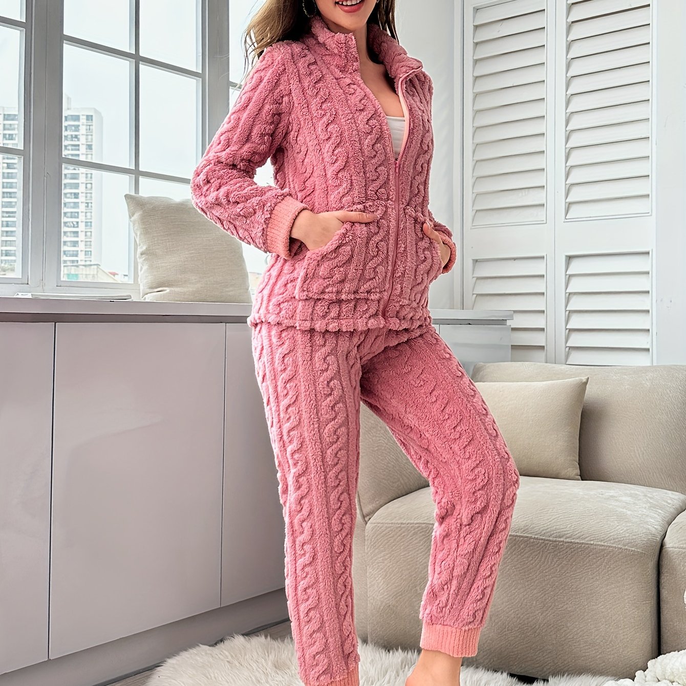 Cozy Fuzzy Lounge Set Long Sleeve Top & Elastic Waistband Pants