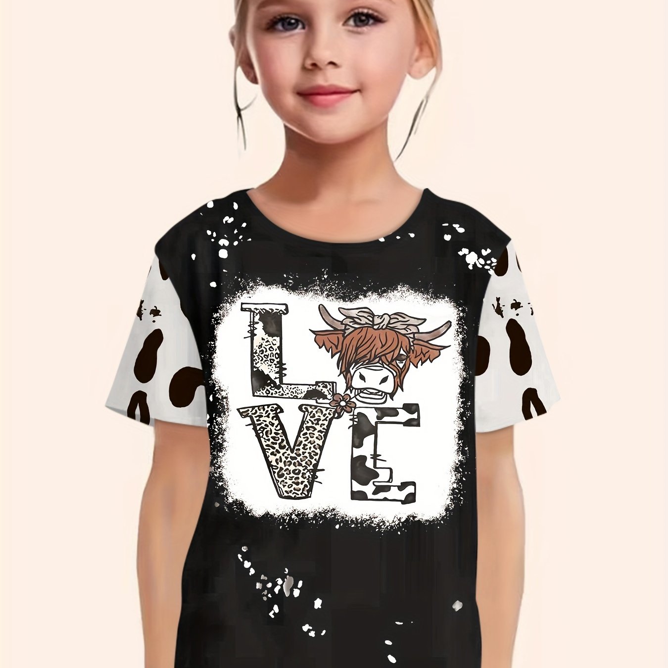 Girls Cow Print LOVE Print T shirt Western Style Tees Pullover Party Gift