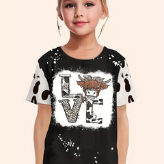 Girls Cow Print LOVE Print T shirt Western Style Tees Pullover Party Gift