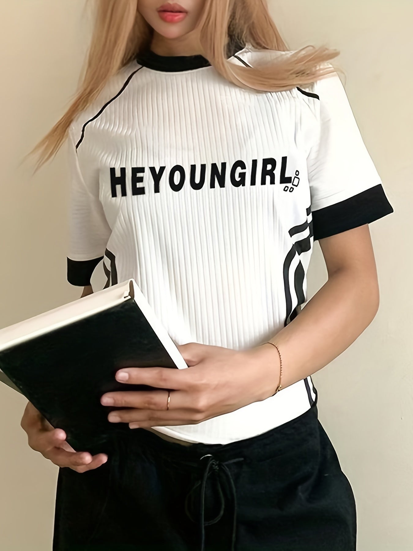 Street Letter Print Casual T shirt Striped Short Sleeve Women's Top