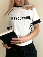 Street Letter Print Casual T shirt Striped Short Sleeve Women's Top