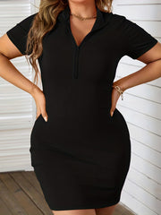 Solid Half Zipper Short Sleeve Bodycon Tee Dress
