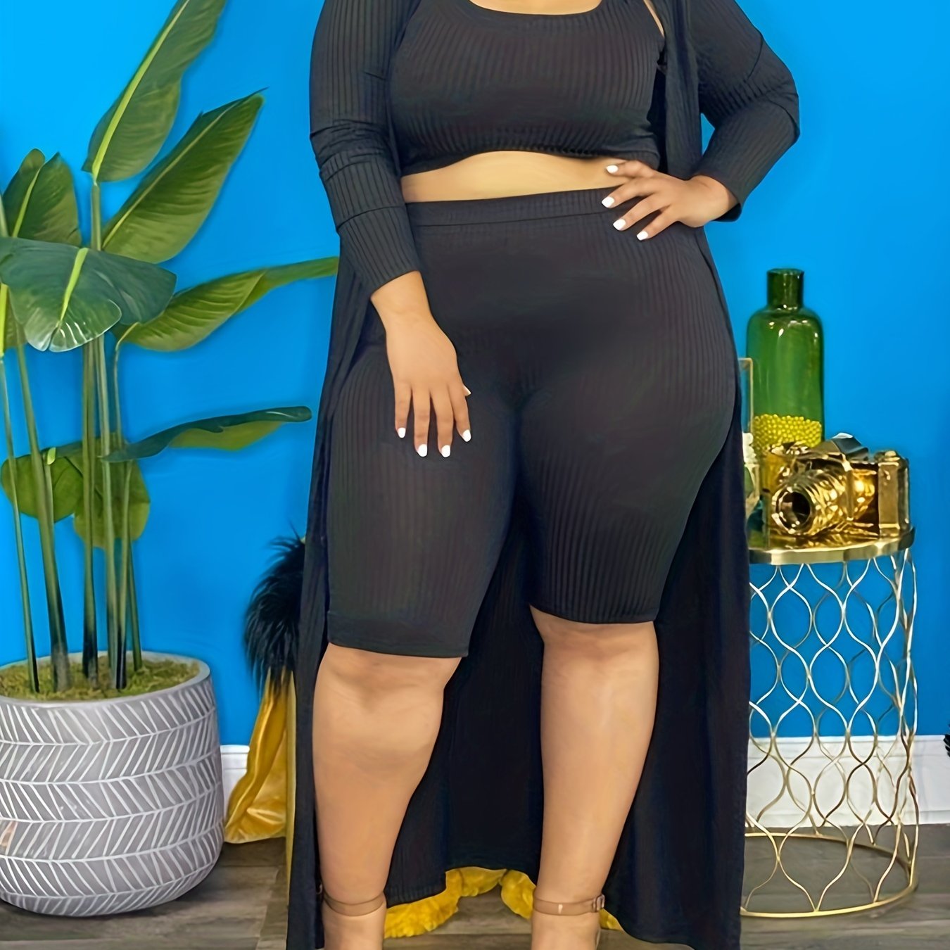 Ribbed Tank Crop Top & Shorts & Long Cardigan 3pcs Outfits Set