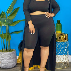 Ribbed Tank Crop Top & Shorts & Long Cardigan 3pcs Outfits Set