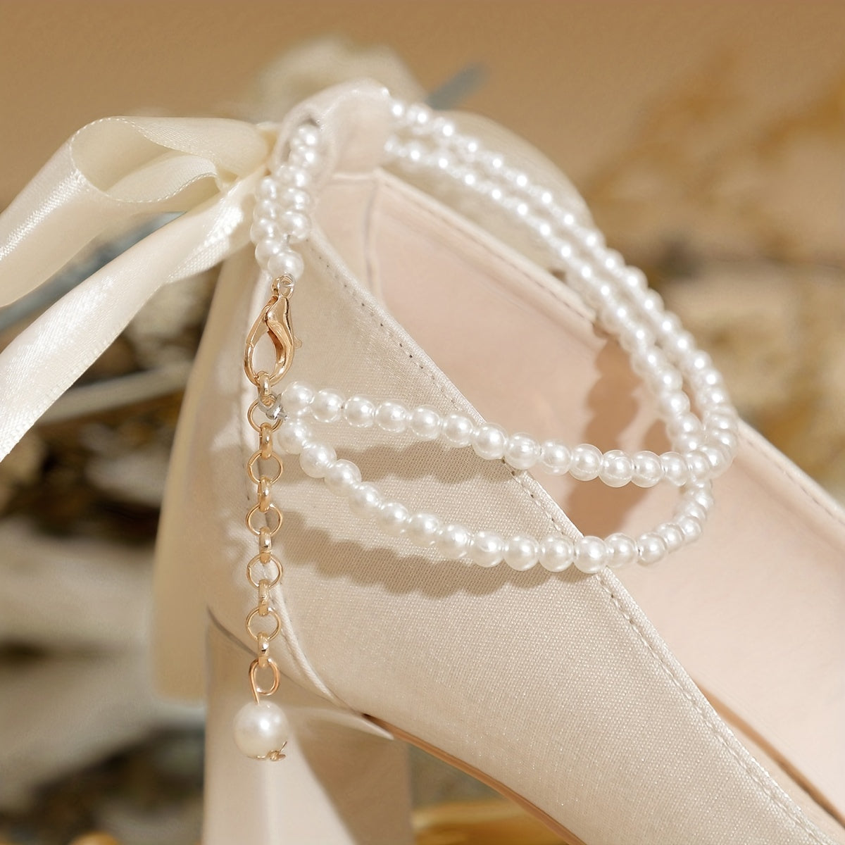 Pearl Chain Chunky Heels Pointed Toe Wedding Shoes