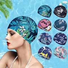 Long Hair Swim Cap Floral Print Elastic Nylon Sports Pool Chlorine Protection