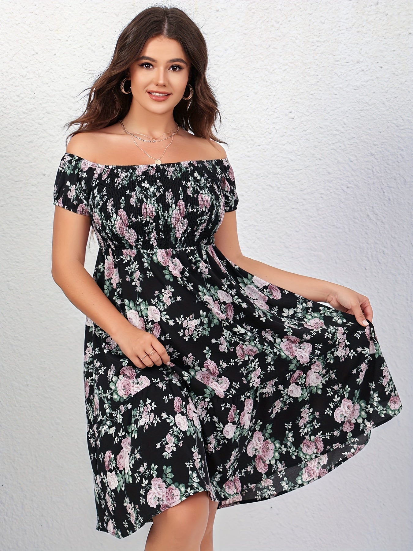Floral Print Off Shoulder Dress Plus Size