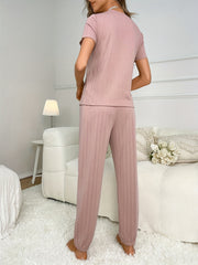 Heart Print Pajama Set Short Sleeve Crew Neck Top & Elastic Waistband Pants