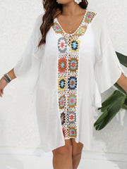 Crochet Side Split Cover Up Dress V Neck Boho Style Beach Coverup Kaftan