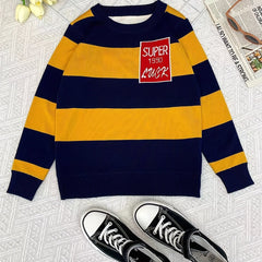 Boys Casual Striped Sweater Round Neck Long Sleeve Warm Knit Pullover Top