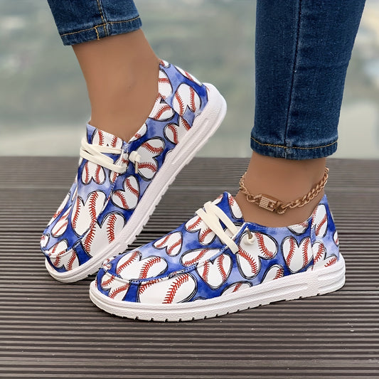Women's Baseball Pattern Skateboard Shoes Flat Lace Up Sneakers