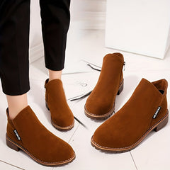 Chunky Heeled Ankle Boots Round Toe Zipper Shoes