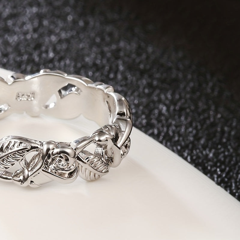 Hollowed Rose Flower And Leaf Ring
