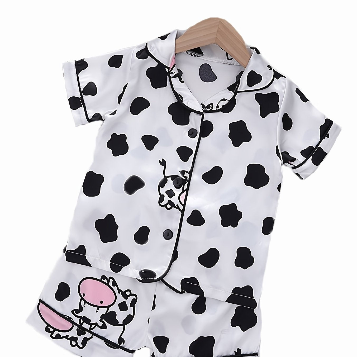 Kid's Cow Pattern Satin Pajamas 2pcs Set Toddler Girl's Loungewear