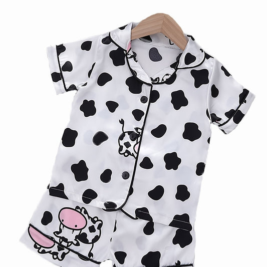 Kid's Cow Pattern Satin Pajamas 2pcs Set Toddler Girl's Loungewear