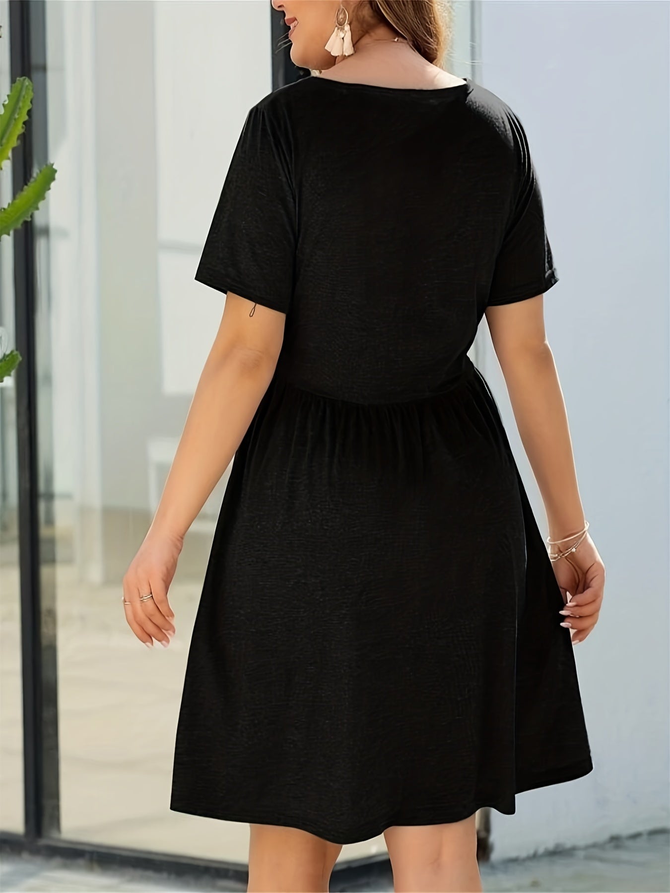 Casual Midi Shirt Dress Short Sleeve Button V Neck Nipped Waist