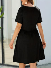 Casual Midi Shirt Dress Short Sleeve Button V Neck Nipped Waist
