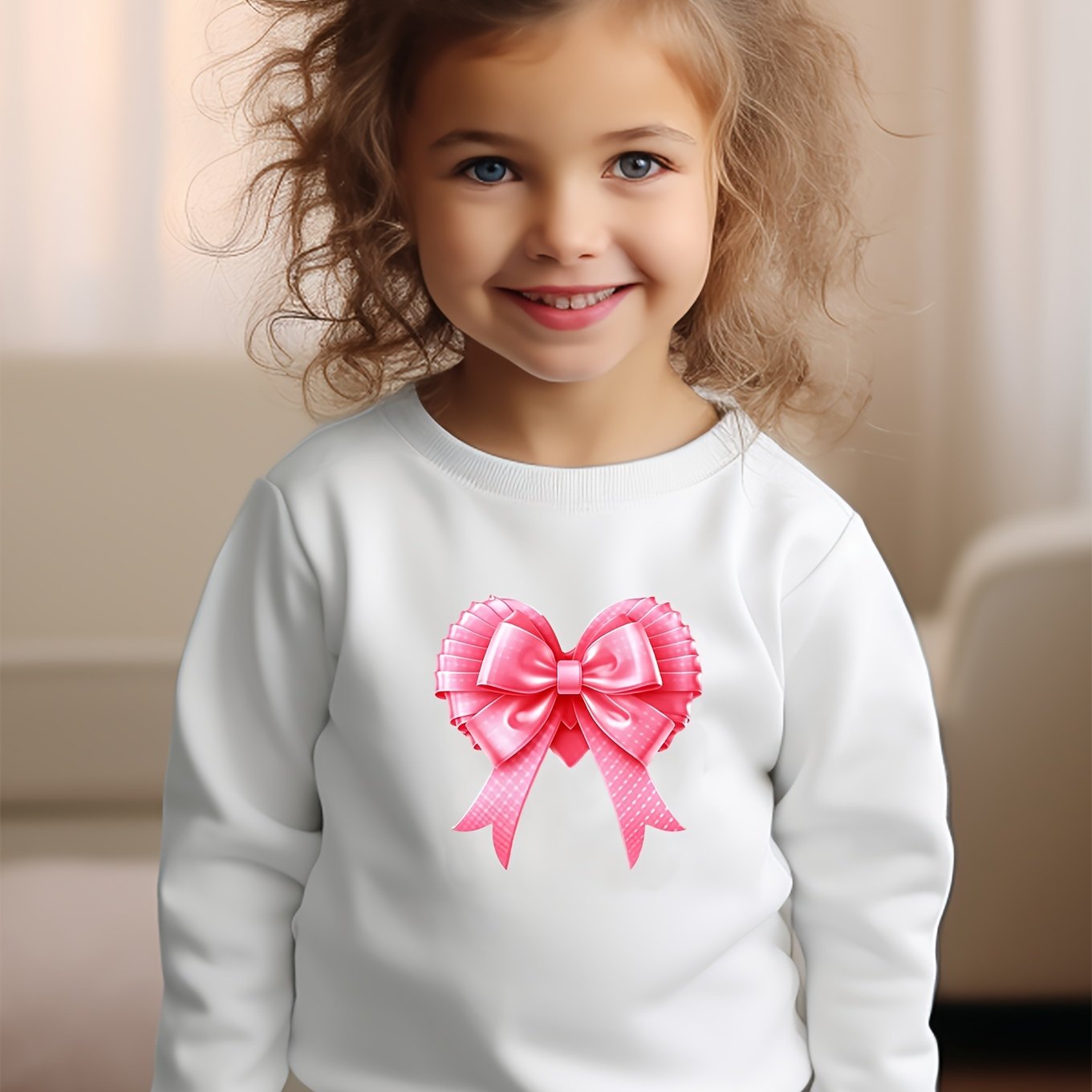 Girls Bow Tie Pattern Crew Neck Long Sleeve Sweatshirt
