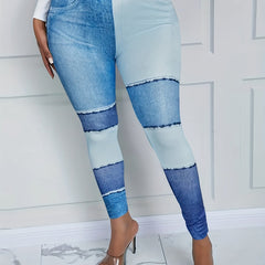 Denim Print Skinny Leggings Long Length Casual Pants Women's Clothing