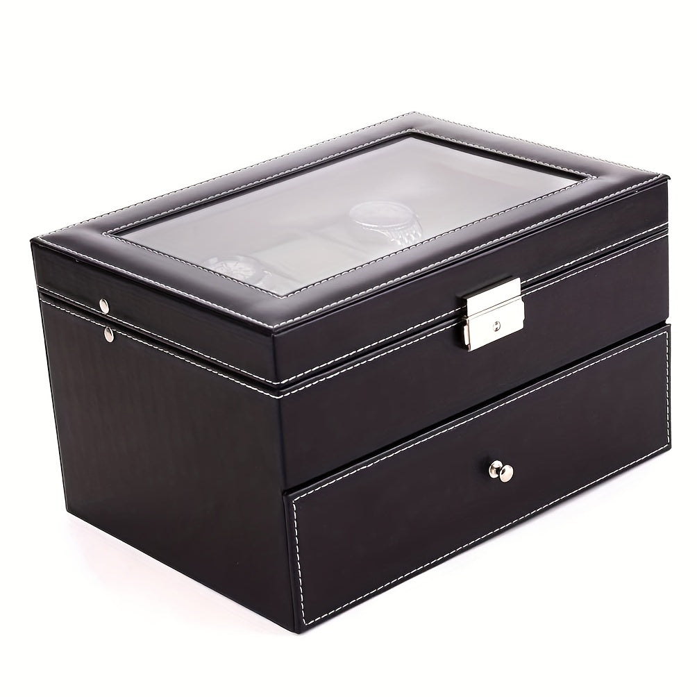 2-Layer Watch Storage Box 20 Watches Leather Case Lock