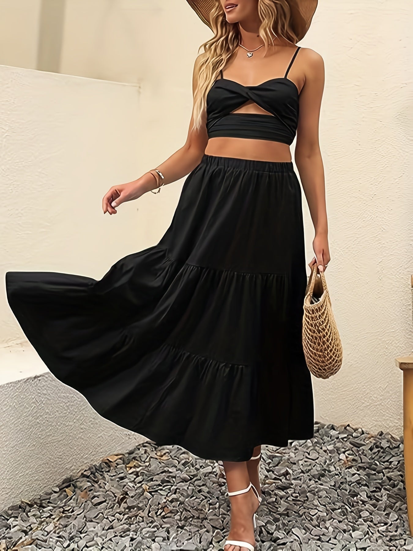 Solid Elastic High Rise Swing Maxi Skirt