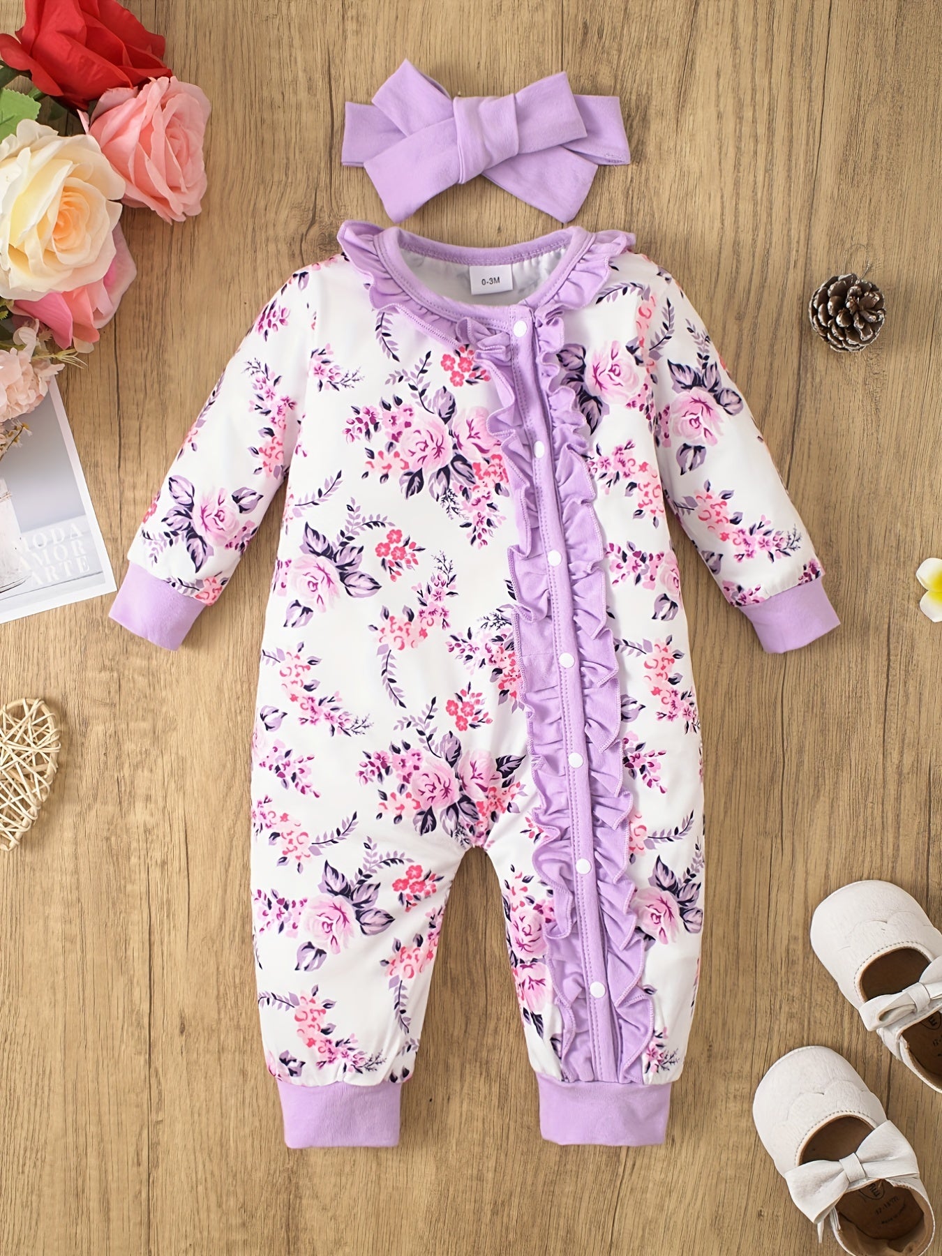 Baby Girls Floral Romper With Headscarf