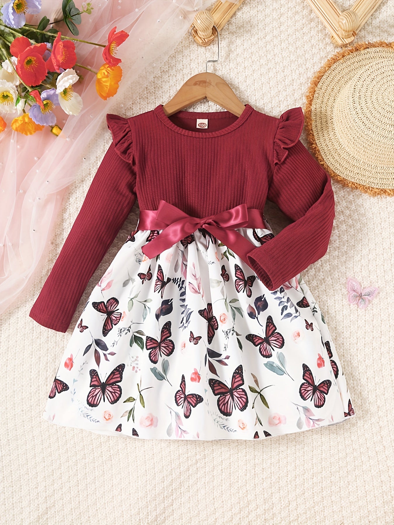 Girls Butterfly Print Ribbed Long Sleeve Dress