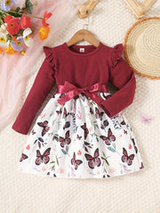 Girls Butterfly Print Ribbed Long Sleeve Dress