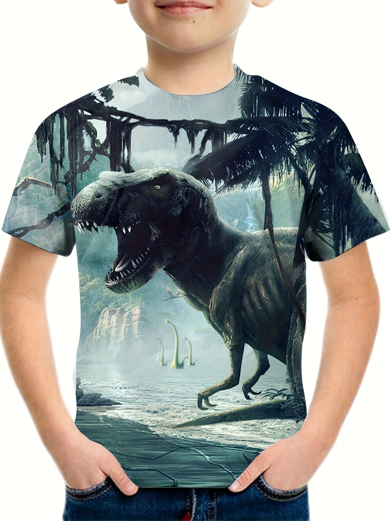 Stylish Dino 3D Print Kid's Graphic Tee Short Sleeve Summer T shirt
